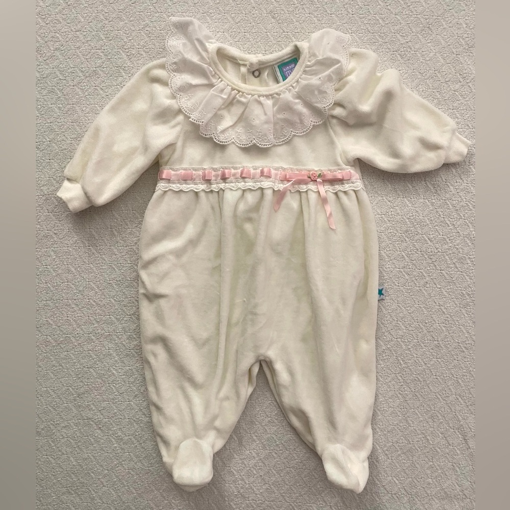 Little Me VTG White Footie with Lace Collar and Pink Bow Ribbon